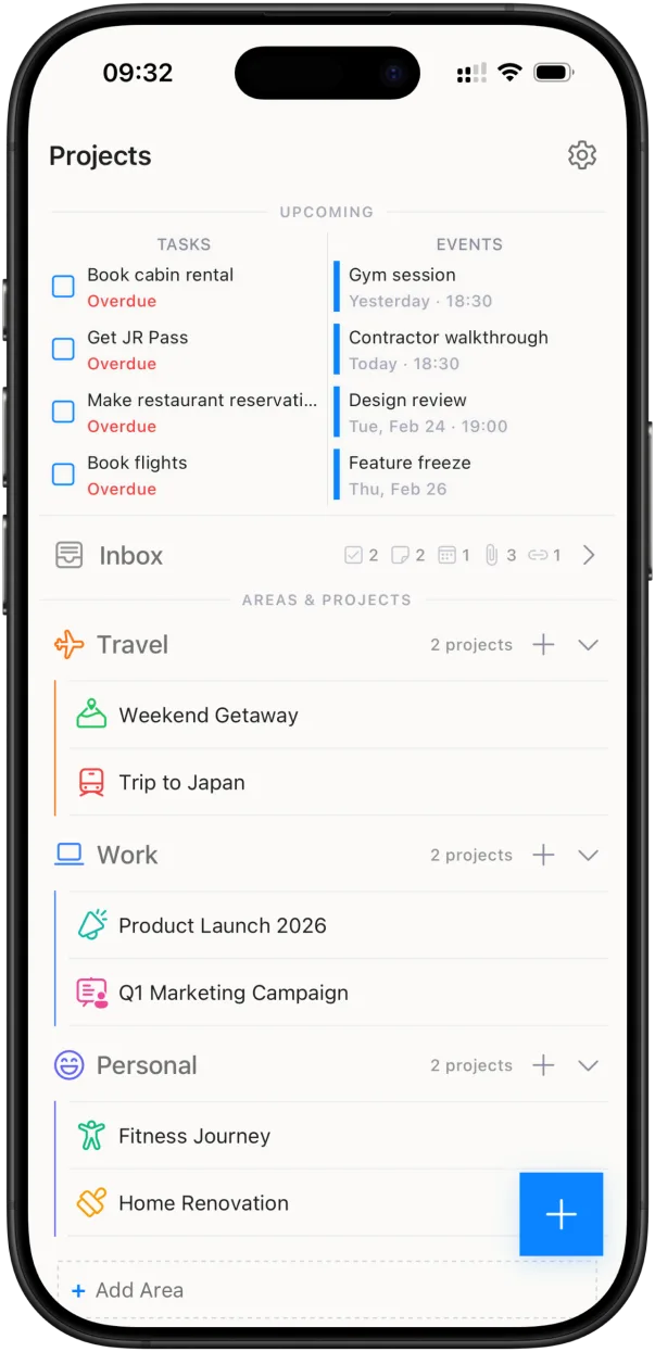 Brainee dashboard with upcoming tasks, events, and projects